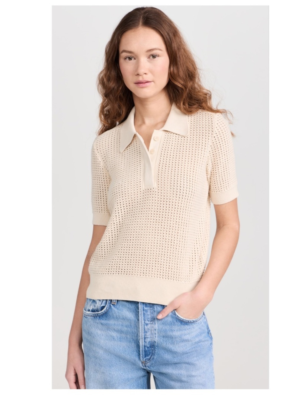 NWT Clare V Augustine Crochet Polo Top in Ivory, Size L